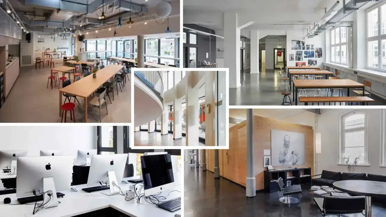 Moderne R&auml;ume f&uuml;r ein Modemanagement Studium: Cafeteria, Lernbereiche, Ausstellungsfl&auml;chen und Computerarbeitspl&auml;tze.