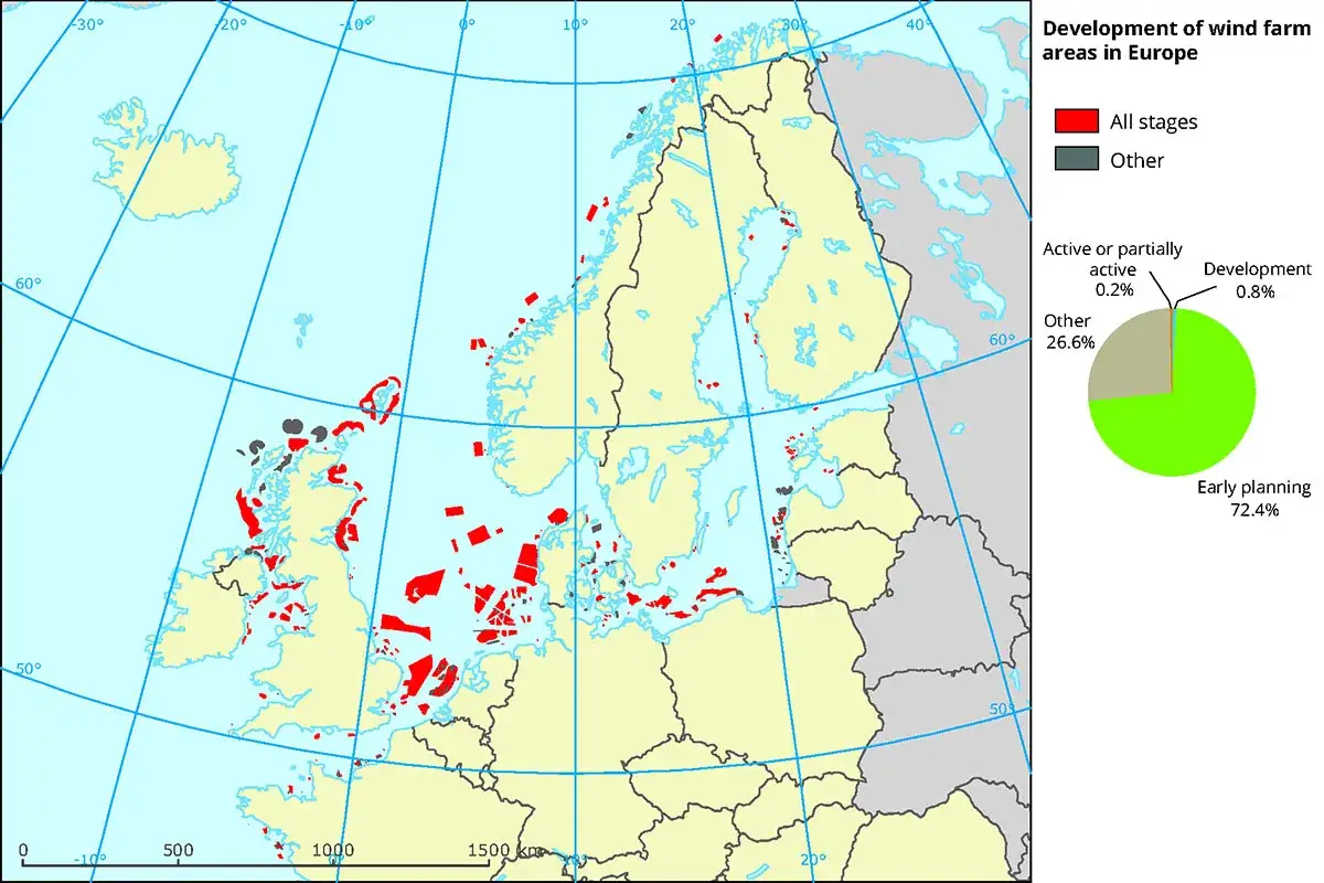 Mapa rozwoju farm wiatrowych w Europie. Widać, gdzie jest morze norweskie, z zaznaczonymi obszarami inwestycji.