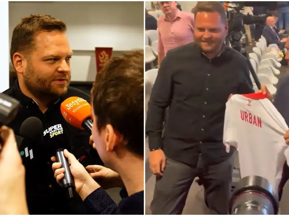 Jan Urban syn, w czarnej koszuli, udziela wywiadu mediom, a potem prezentuje koszulkę z napisem 
