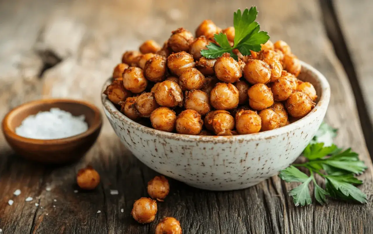 Un bol de pois chiche au four, croustillants et épicés, garni de persil frais. À côté, un petit ramequin de sel.