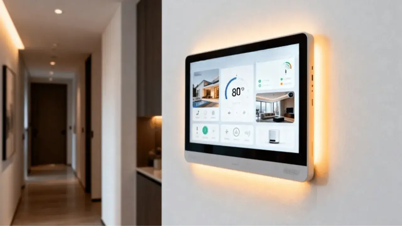 Smart home assistant display showing temperature and room controls, offering great home assistant ideas for modern living.