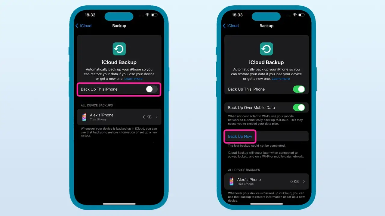 Ekran telefonu pokazuje, jak zrobić kopię zapasową iPhone'a w iCloud. Widzimy opcję 