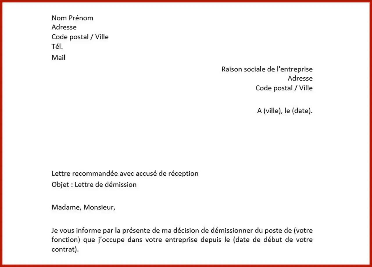 Mod&egrave;le de lettre de d&eacute;mission, un document officiel pour informer son employeur de son d&eacute;part.