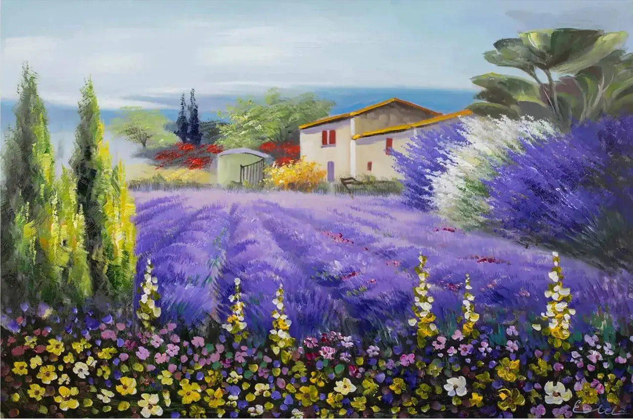 Magnifique paysage peinture d'un champ de lavande en Provence, avec une maison et des fleurs color&eacute;es au premier plan.
