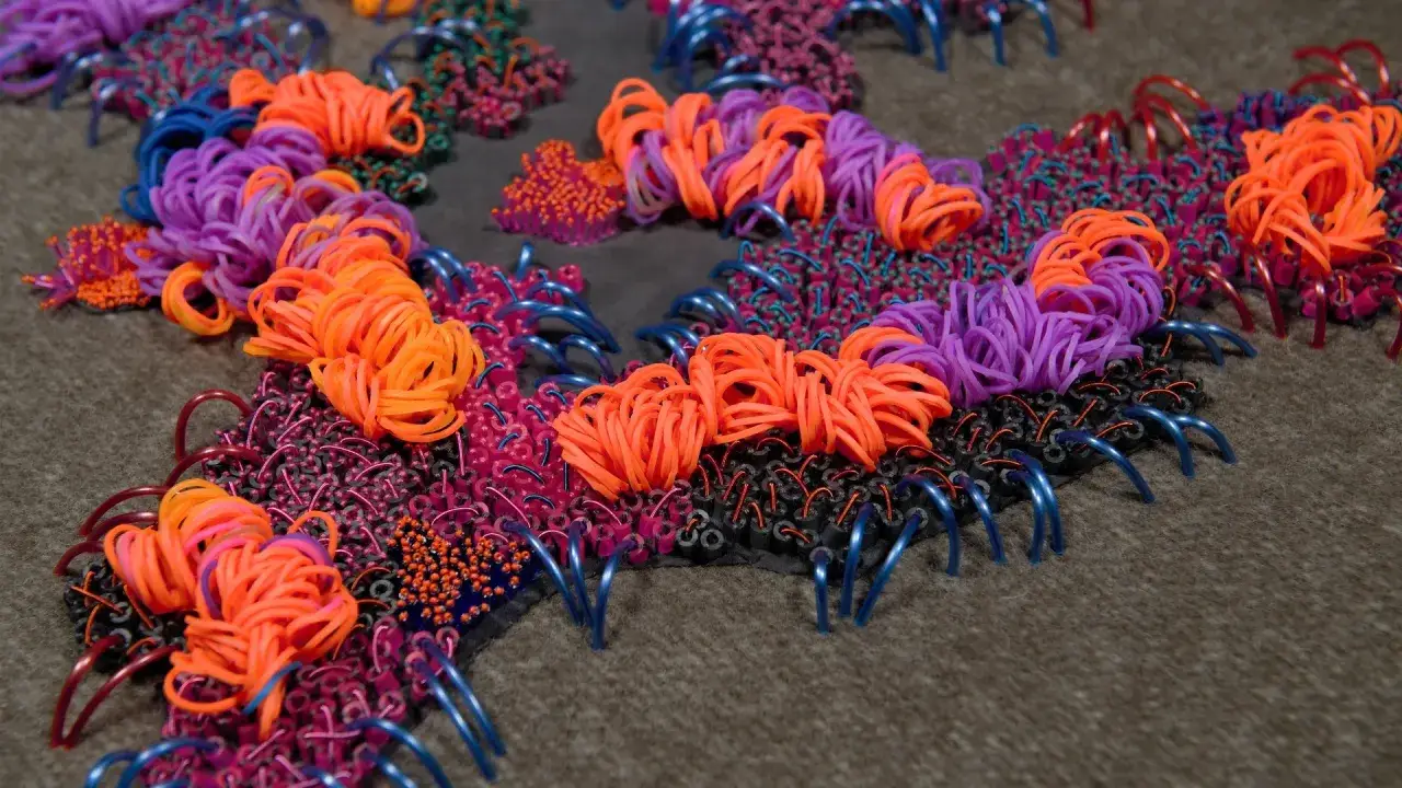 Vibrant textile upcycling art features clusters of orange, purple, and blue rubber bands and beads, creating organic, textured forms on a neutral fabric background.