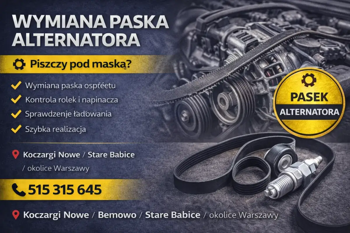 Wymiana paska alternatora. Piszczy pod maską? Szybka realizacja, kontrola rolek i ładowania. Zadzwoń 515 315 645.