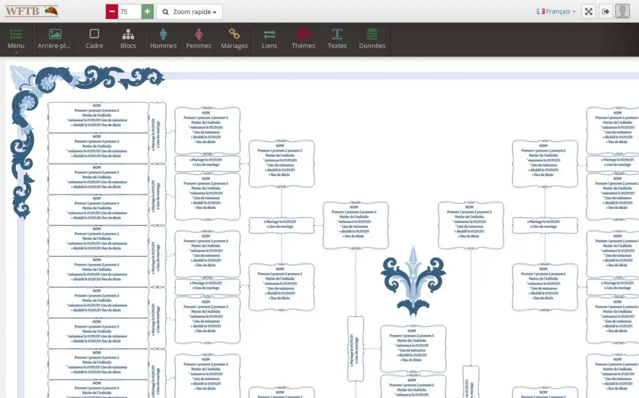 Arbre g&eacute;n&eacute;alogique gratuit affichant des liens familiaux, naissances et mariages.