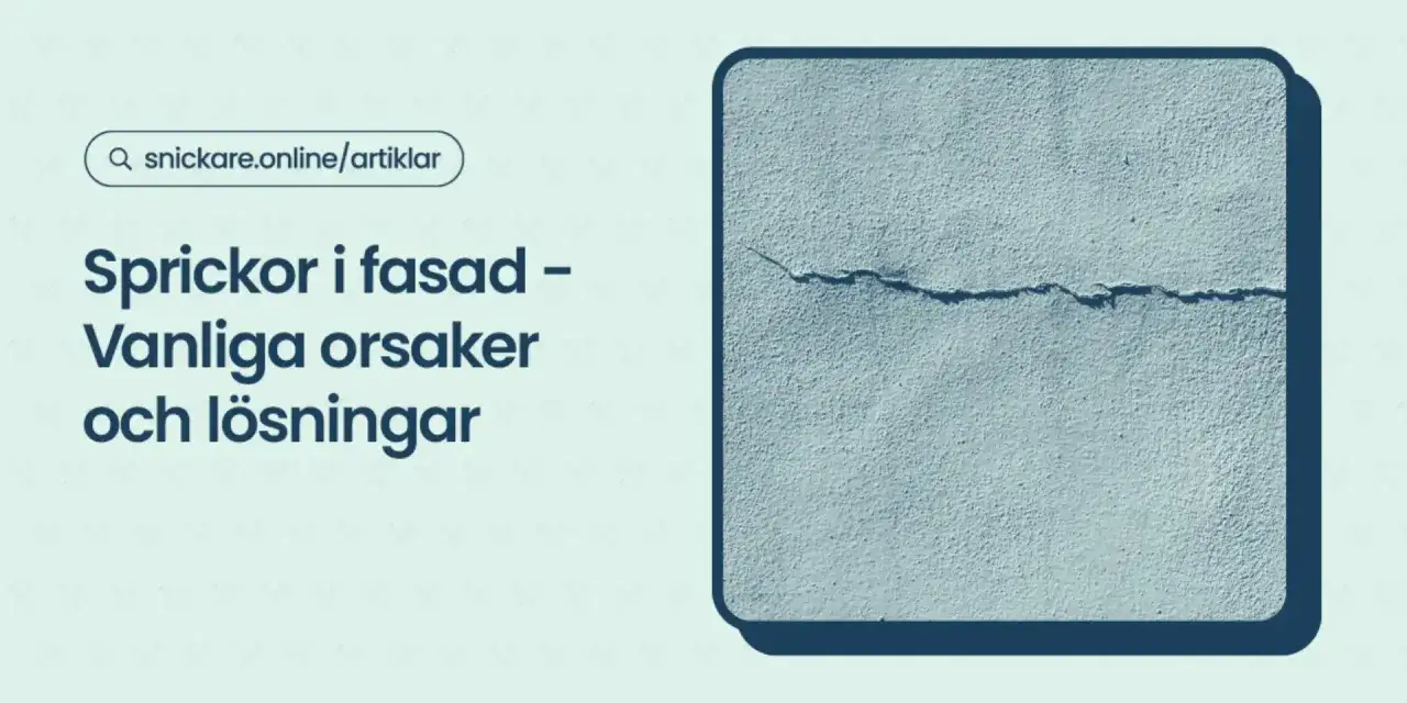 En närbild av en ljusgrå fasad med tydliga sprickor. Texten