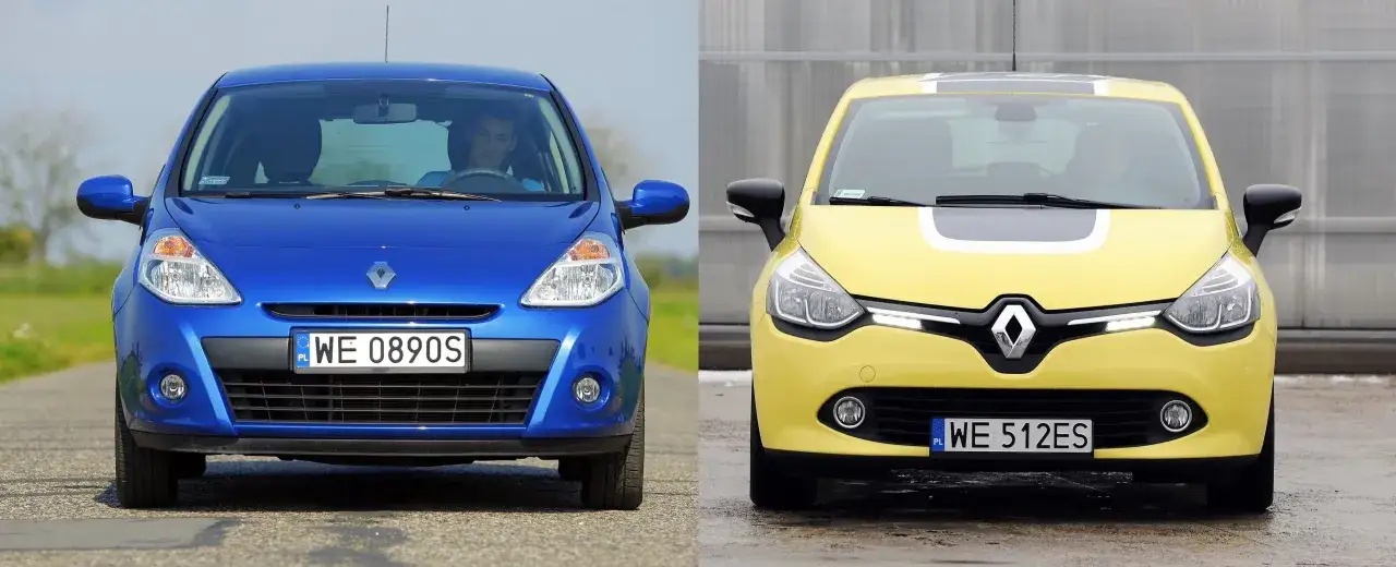 Dwa samochody Renault Clio 3: jeden niebieski, drugi żółty, stoją obok siebie.