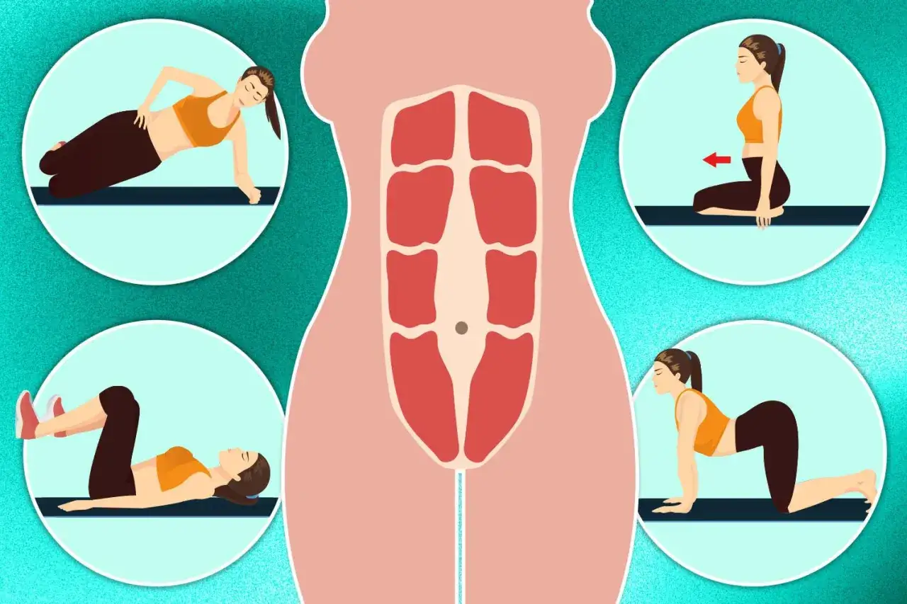 Esercizi per recuperare la diastasi addominale di 4 cm. Illustrazione di una donna che esegue posizioni yoga per rafforzare il core.