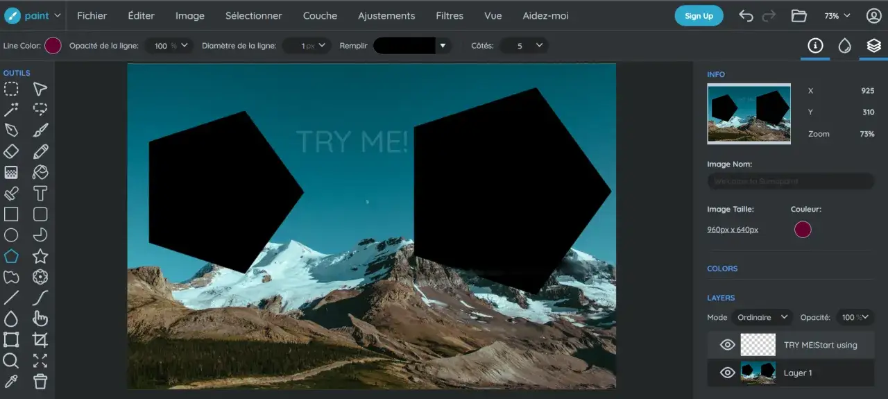 Interfaz de un programa de retoque fotogr&aacute;fico con una imagen de monta&ntilde;as y dos cubos negros.