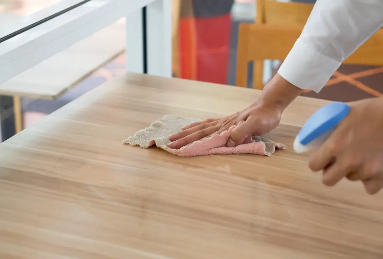 Mano con pa&ntilde;o y spray desinfectando muebles de madera.