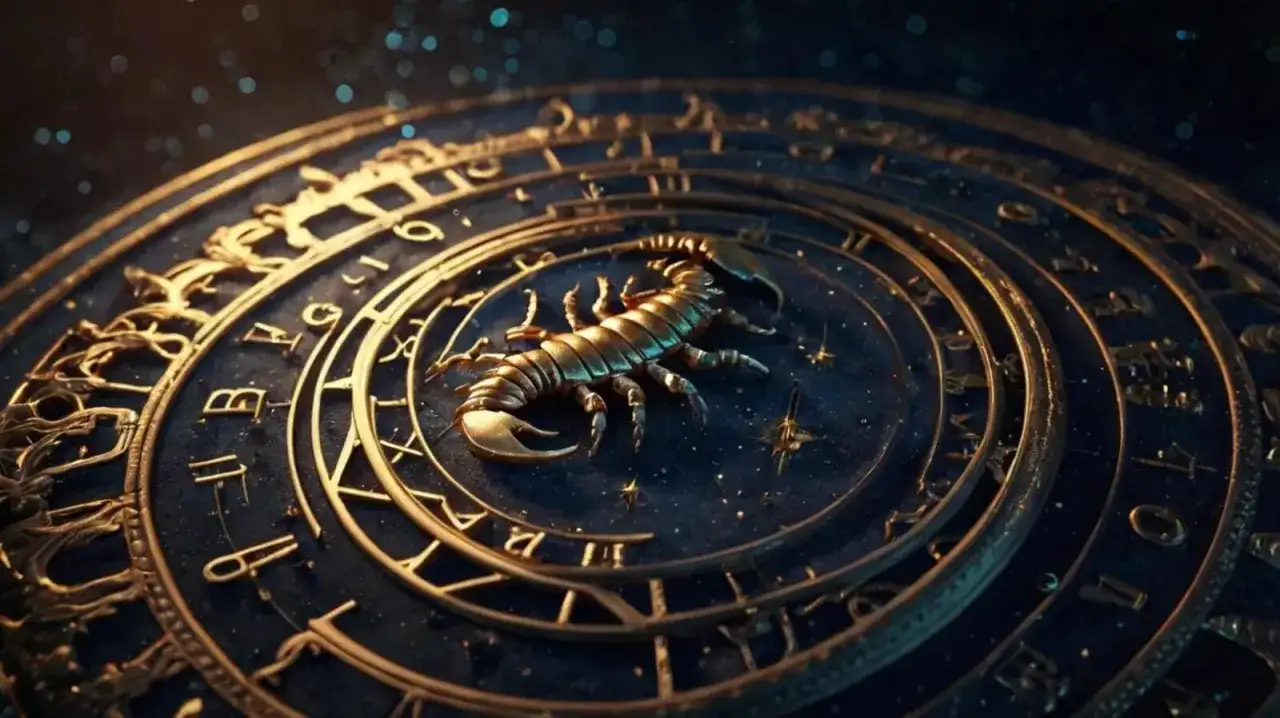 Złoty skorpion na tle gwiezdnego nieba i astrologicznego koła. Jowisz w skorpionie symbolizuje potęgę i transformację.