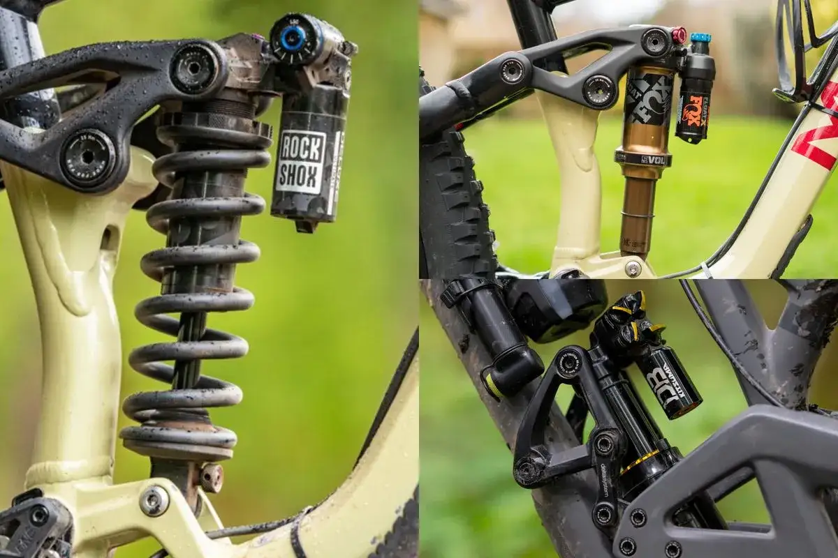 Two mountain bikes feature different suspension systems. One has a prominent coil shock, while the other showcases air shocks.