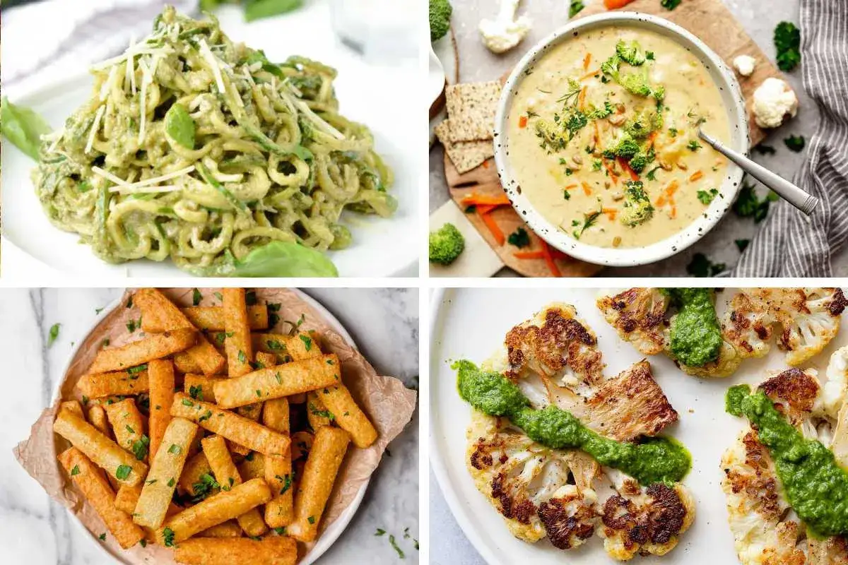 Vier Gerichte: Zucchini-Nudeln mit Pesto, cremige Brokkoli-Suppe, knusprige Pommes und gebratener Blumenkohl mit grüner Soße. Alles low carb vegetarisch.