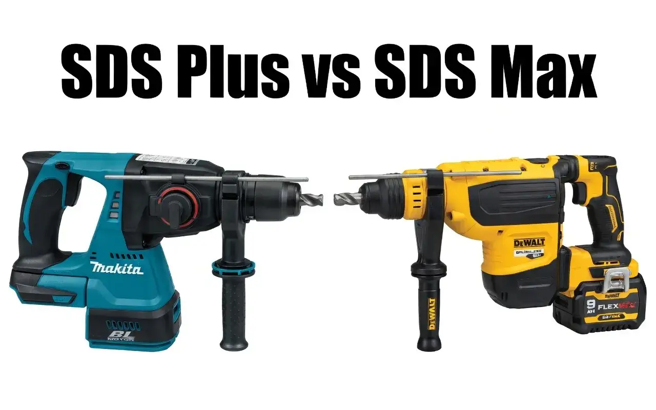 Porównanie młotowiertarek: niebieska Makita SDS Plus i żółta DeWalt SDS Max, obie z wiertłami.