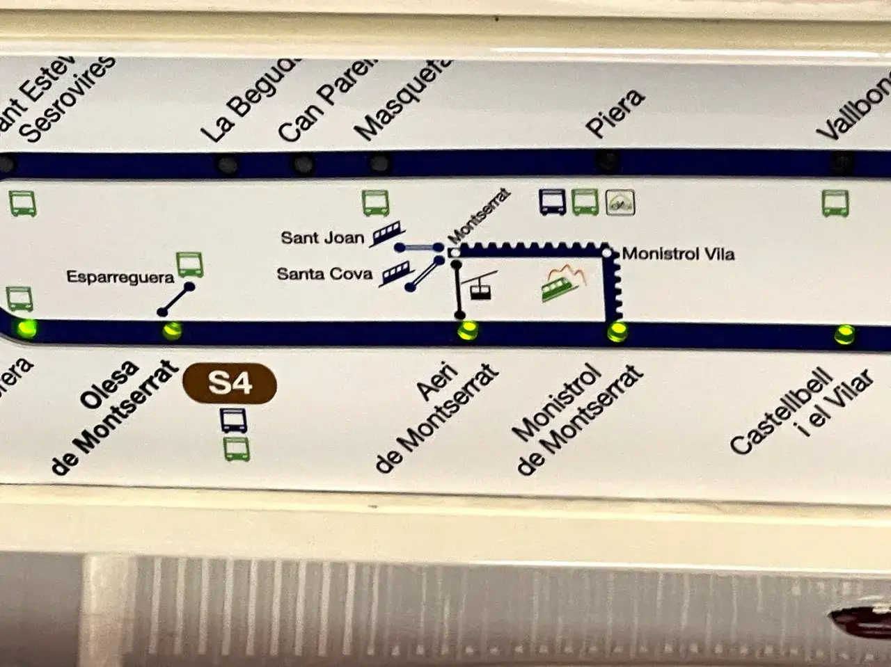 A train route map showing the S4 line with stops like Esparreguera, Olesa de Montserrat, and Monistrol de Montserrat.