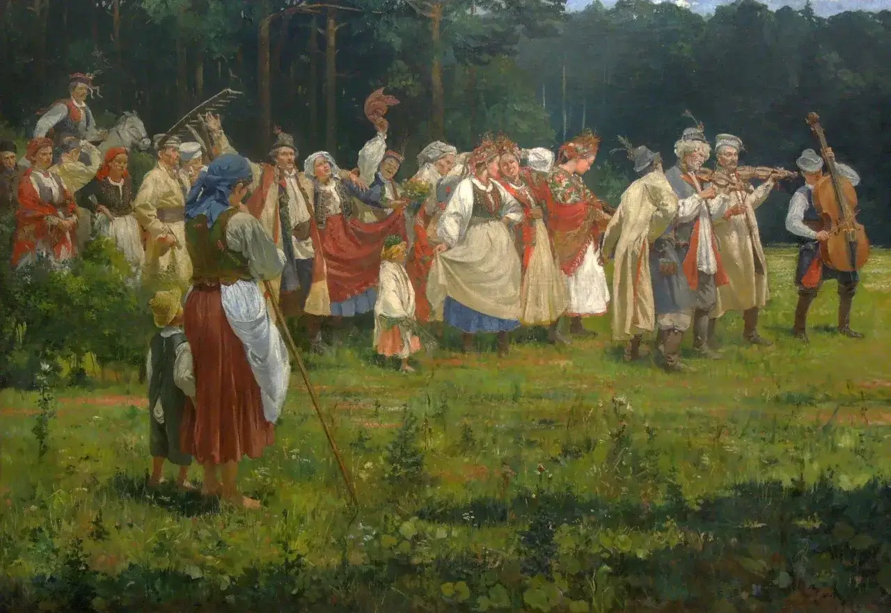 Ludzie w strojach ludowych tańczą i bawią się na łące. Muzykanci grają na skrzypcach i kontrabasie. Widać, kto płaci za wesele – to zapewne rodzice lub starszyzna.