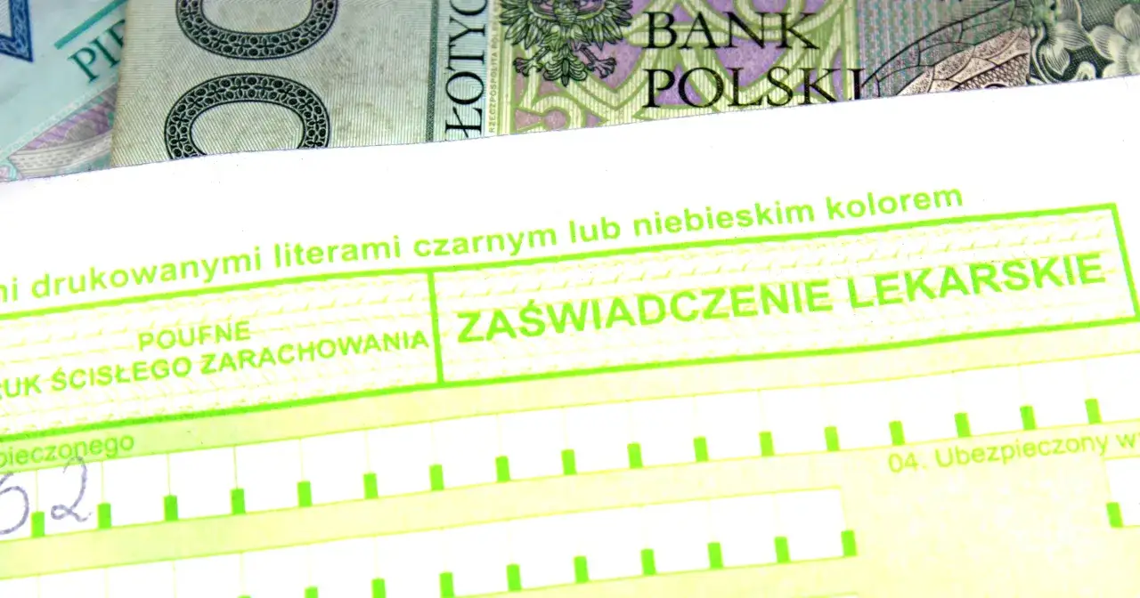 Zaświadczenie lekarskie i polskie banknoty. Dokument może być podstawą do ubiegania się o rentę na depresję.