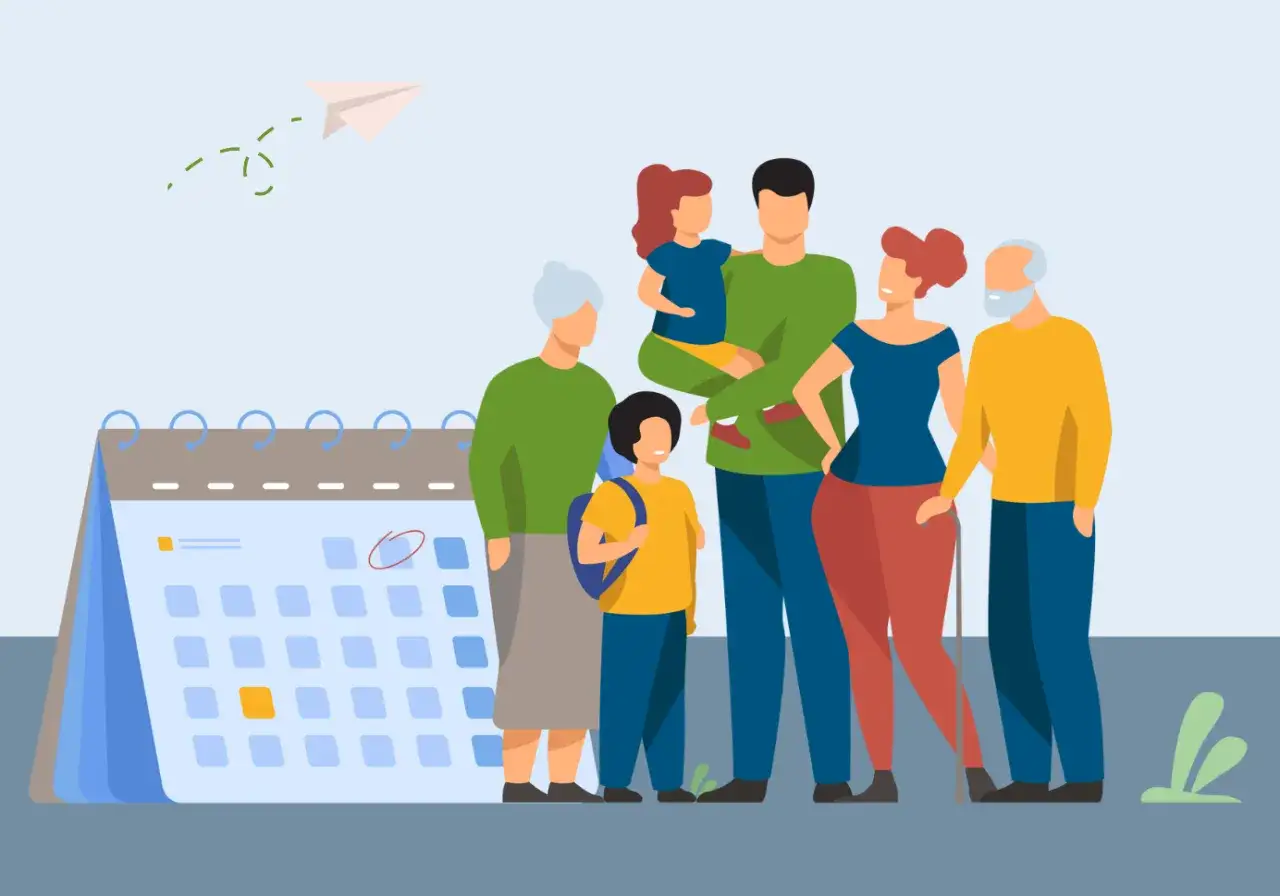Famille devant un calendrier, symbolisant une demande de changement d'horaire pour raison familiale.