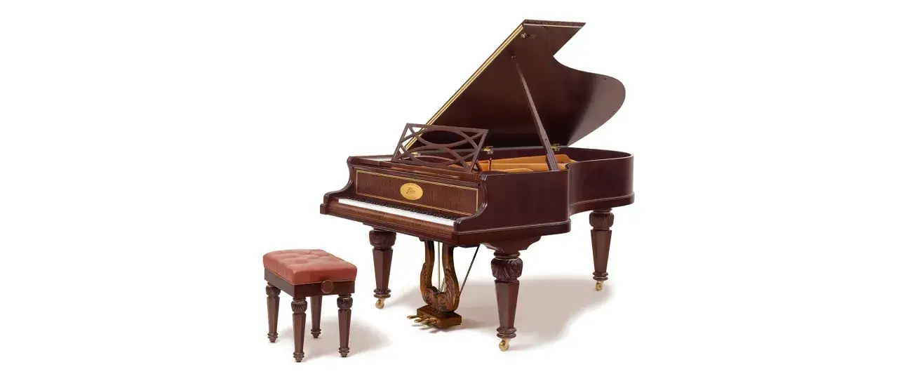 Eleganckie pianino z taboretką. Zastanawiasz się, ile jest klawiszy w pianinie? To instrument z 88 klawiszami.