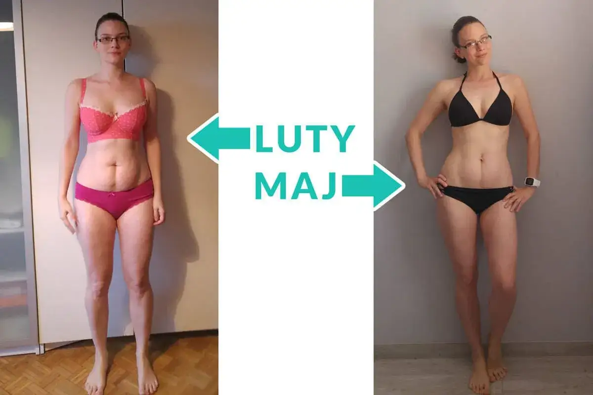 Przemiana kobiety od lutego do maja. Zmiana z masy na rzeźbę, widoczna na zdjęciach w bikini.
