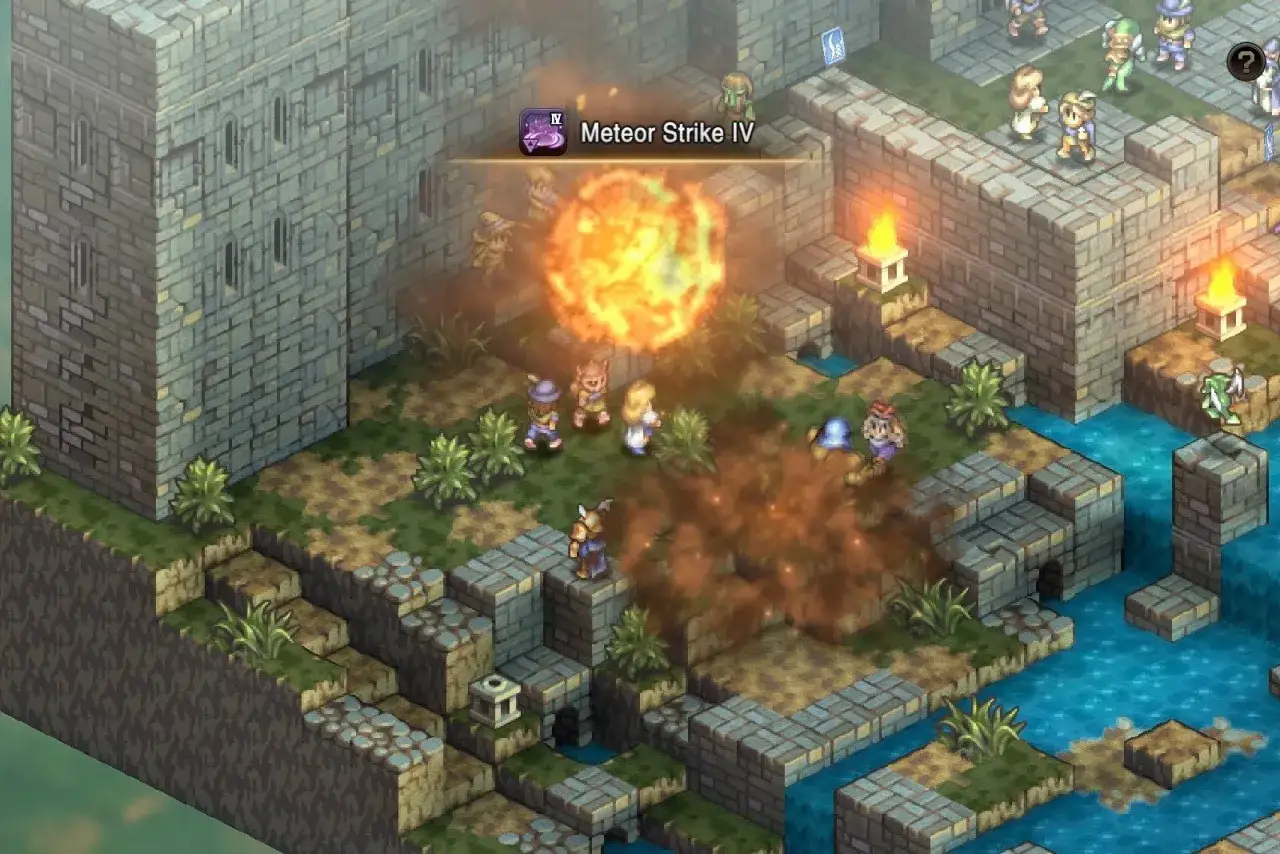 Explosión de meteorito en un campo de batalla de juegos estrategia switch. Personajes luchan cerca de un castillo y agua.