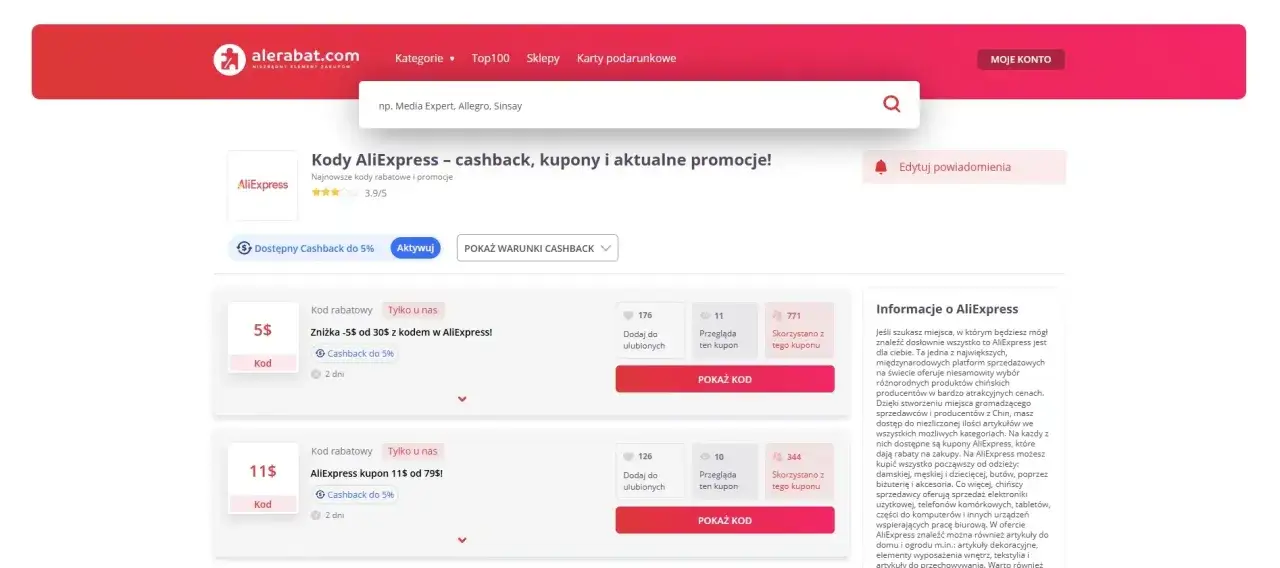 Jak działają kody rabatowe i cashback na AliExpress? Strona Alerabat.com pokazuje aktualne promocje i kupony, które opłaca się wykorzystać.