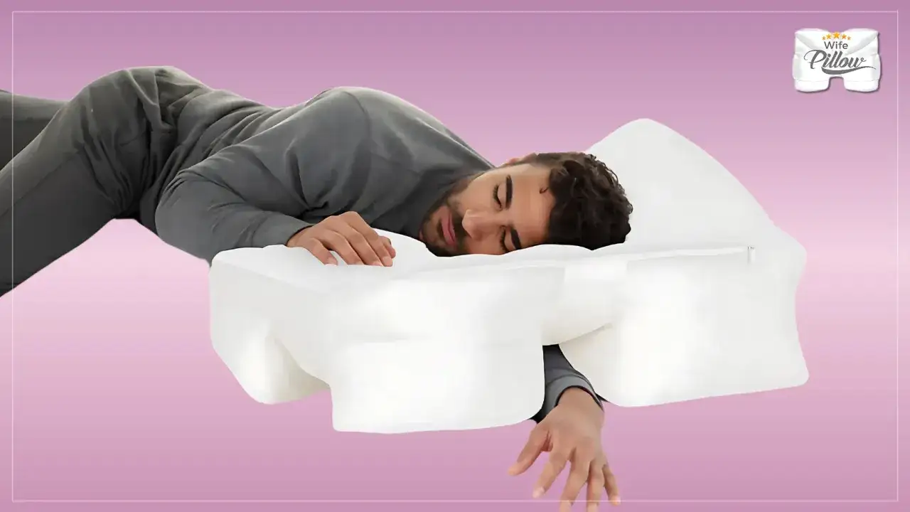 Man sleeping on a unique pillow designed for comfort. This pillow offers a new experience among types of pillows, cradling his head and arm.