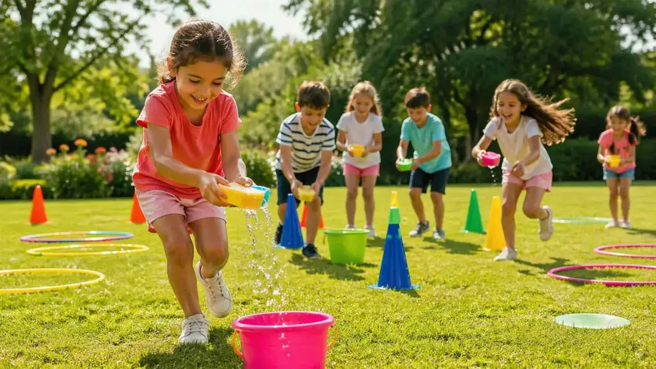 Niños riendo y jugando con agua en el césped, disfrutando de divertidas actividades de verano.