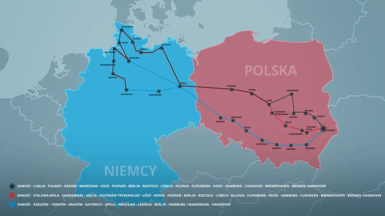Mapa połączeń autobusowych między Polską a Niemcami. Linie łączą miasta takie jak Berlin, Hamburg, Poznań, Warszawa, Wrocław, Kraków.