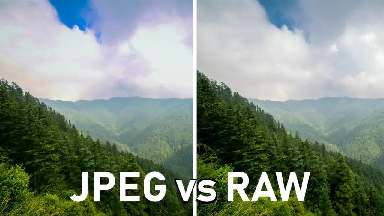 Comparaci&oacute;n de paisajes monta&ntilde;osos: la imagen de la izquierda muestra un cielo azul vibrante y nubes blancas, mientras que la de la derecha, en formato RAW, revela detalles m&aacute;s sutiles y una paleta de colores m&aacute;s natural.