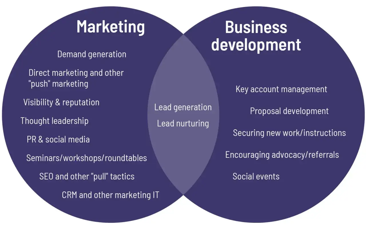 Diagram przedstawia obszary marketingu i business development, w tym generowanie leadów i budowanie relacji, kluczowe dla rozwoju firmy.