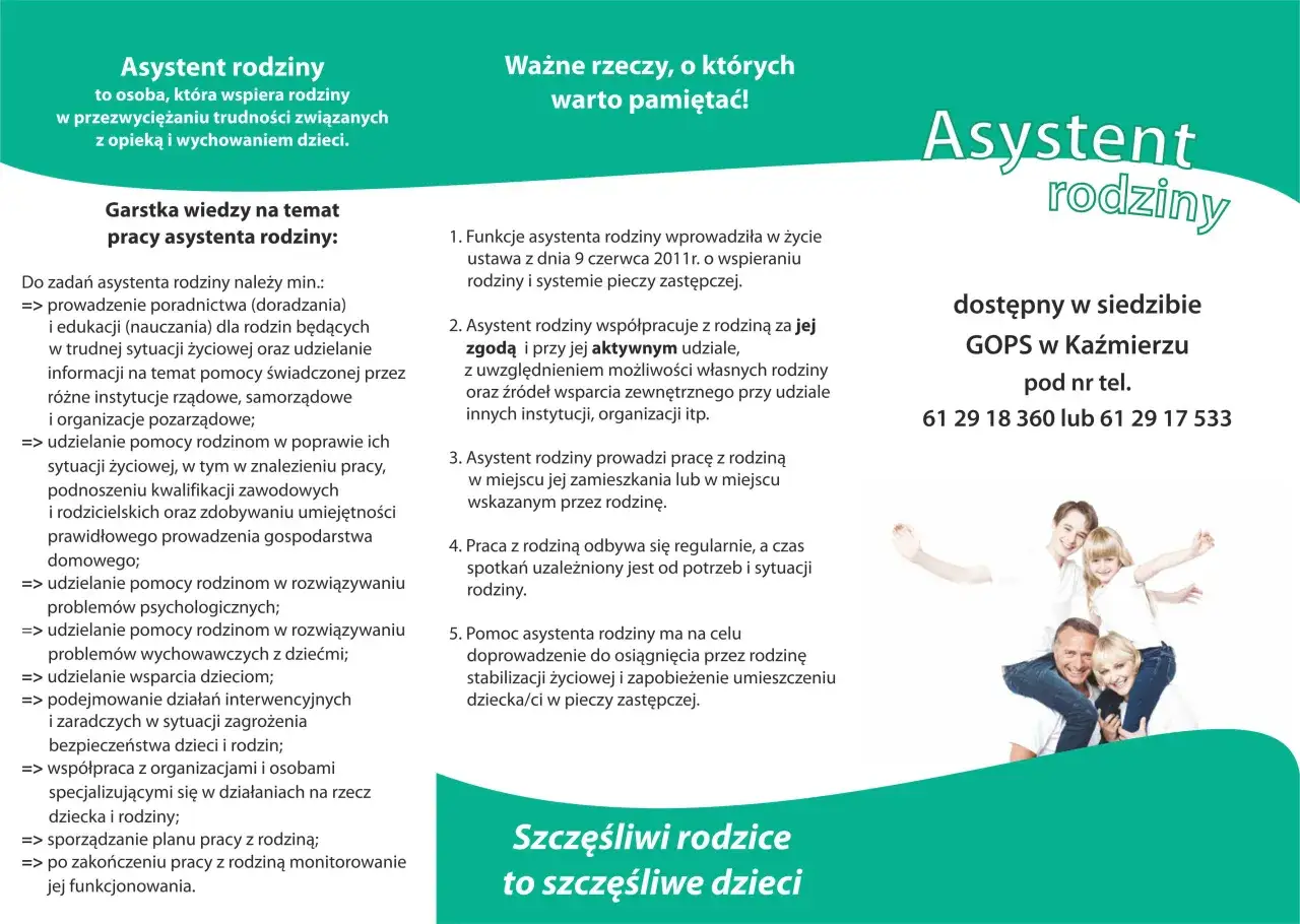 Asystent rodziny wspiera rodziny w trudnych sytuacjach. Na zdjęciu uśmiechnięta rodzina, symbol szczęścia i wsparcia.