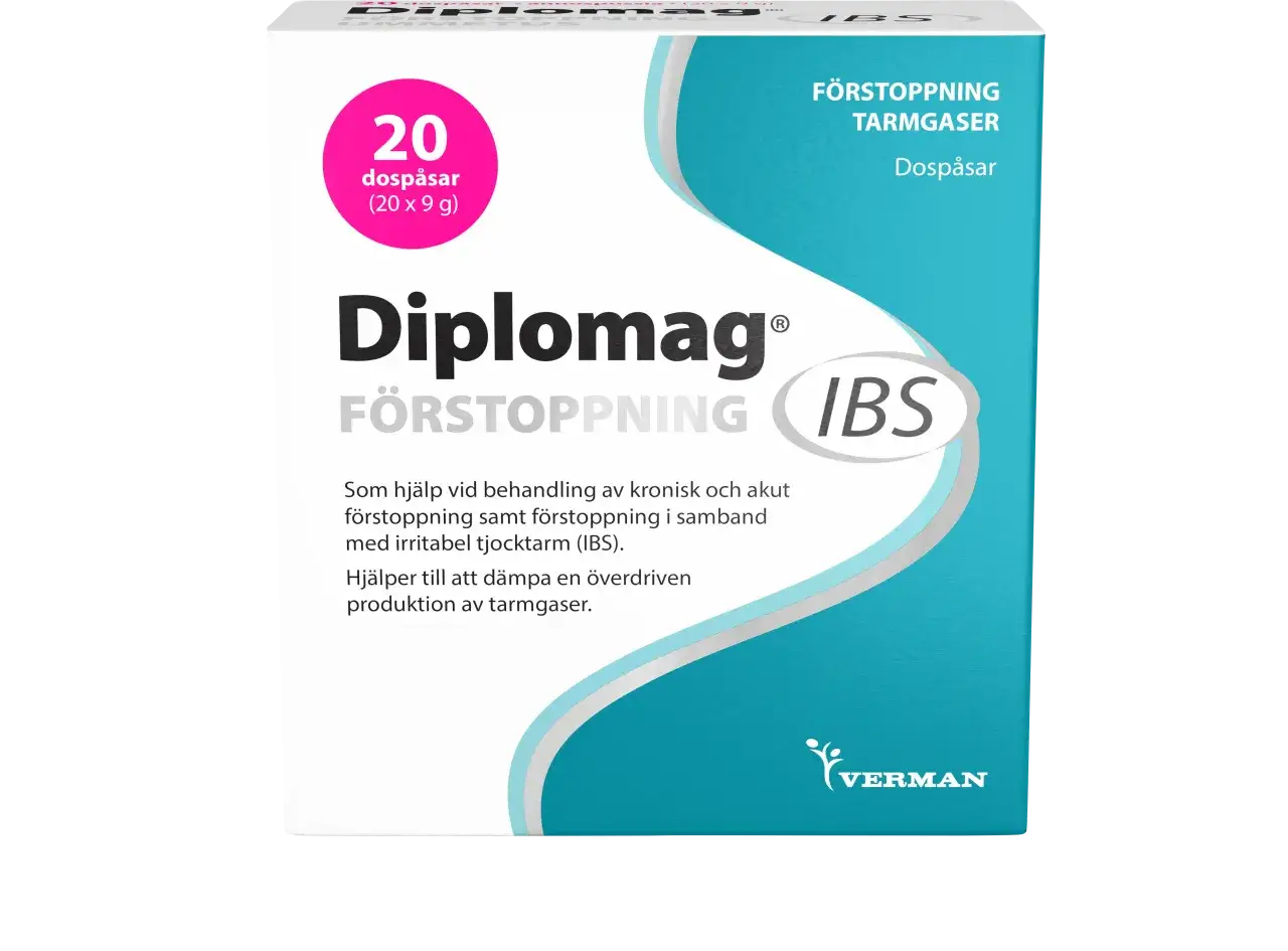 Diplomag f&ouml;r f&ouml;rstoppning och tarmgaser, 20 dosp&aring;sar. Effektiv ibs medicin som lindrar besv&auml;r.