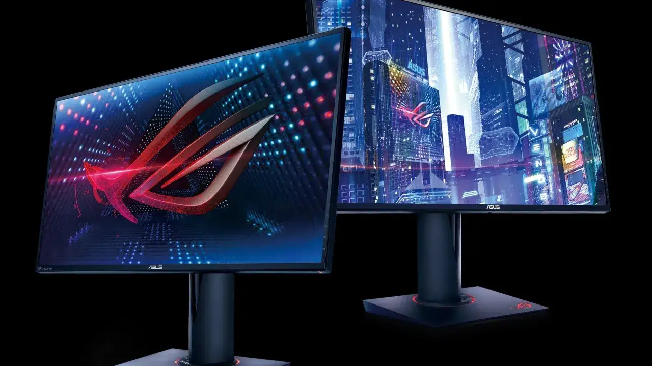 Zwei ASUS ROG Gaming-Monitore mit lebendigen, futuristischen Grafiken. Einer zeigt das ROG-Logo auf einem Hintergrund aus Lichtern, der andere eine Stadtlandschaft bei Nacht. Perfekt f&uuml;r VA oder IPS Panel Gaming.