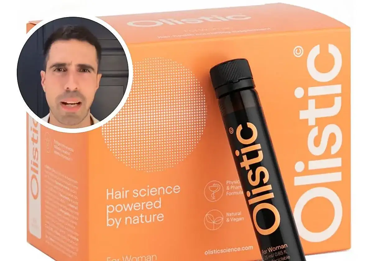 Un hombre expresa su opinión sobre Olistic, un suplemento capilar natural y vegano.