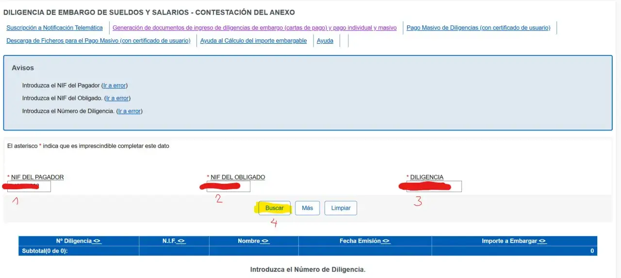 Formulario para contestaci&oacute;n de diligencia de embargo. Campos para NIF del pagador, NIF del obligado y n&uacute;mero de diligencia.