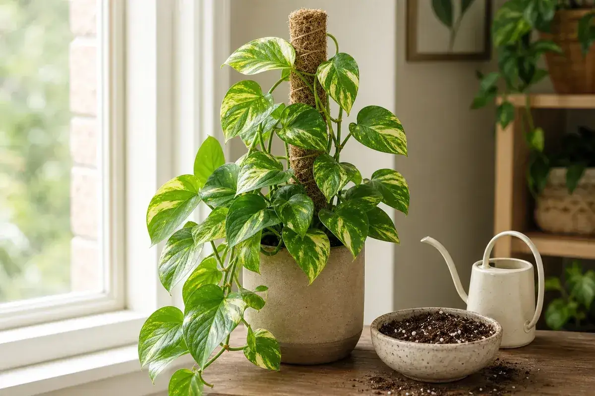 Pothos rigoglioso su tutore, pronto per la sua cura. Vicino, una ciotola di terra e un annaffiatoio.