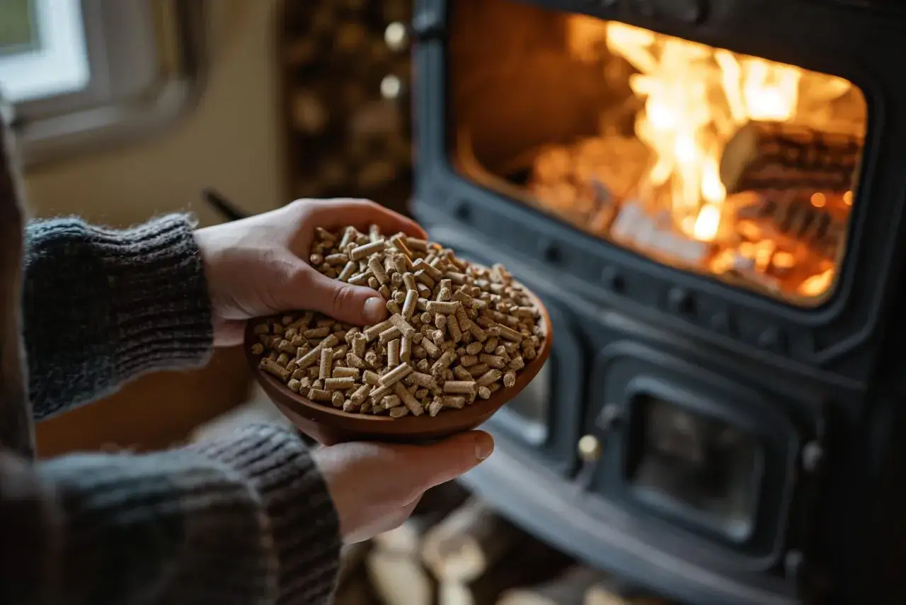 Manos sostienen un cuenco lleno de pellets, combustible ecol&oacute;gico, frente a una estufa de le&ntilde;a encendida.