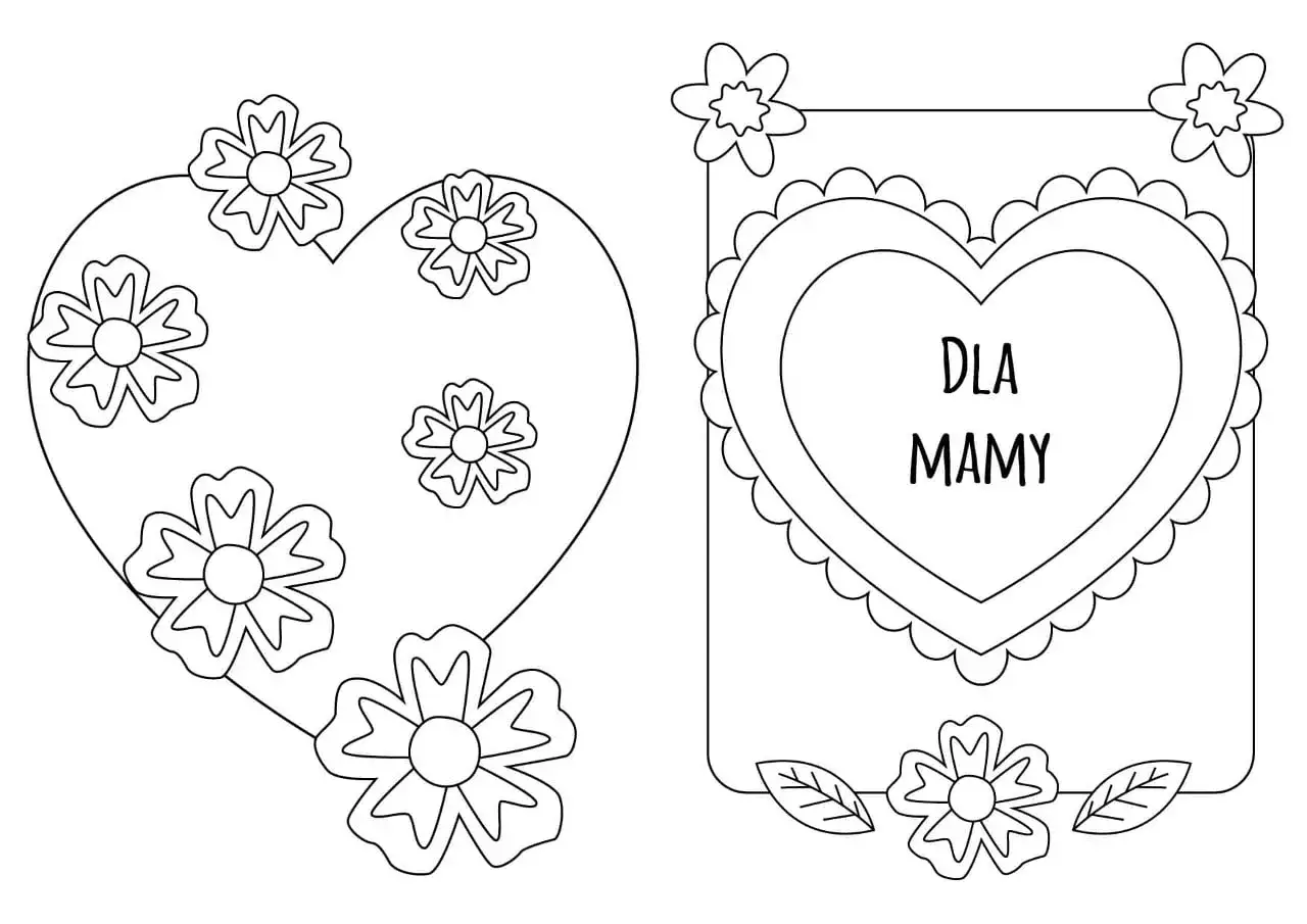 Dwa projekty laurki na Dzień Mamy: serce z kwiatami i prostokąt z sercem z napisem 