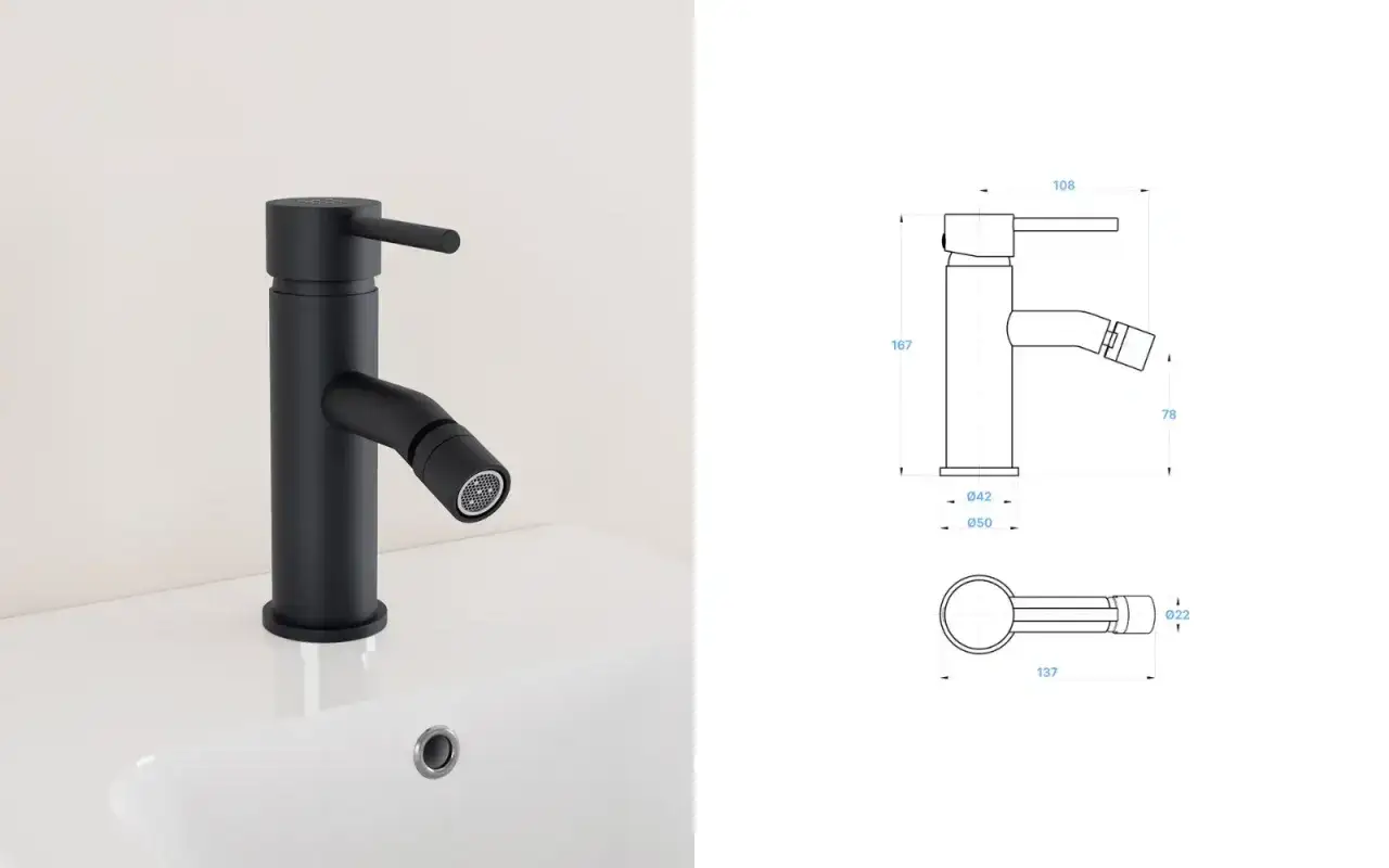 Rubinetto bidet nero moderno, ideale per chi vuole cambiare rubinetto bidet con stile. Misure incluse.