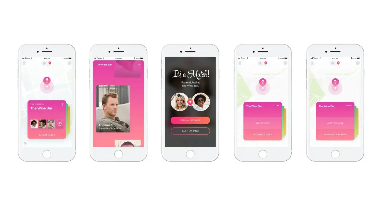 Aplikacja Tinder pokazuje profile użytkowników i dopasowania w miejscach takich jak 