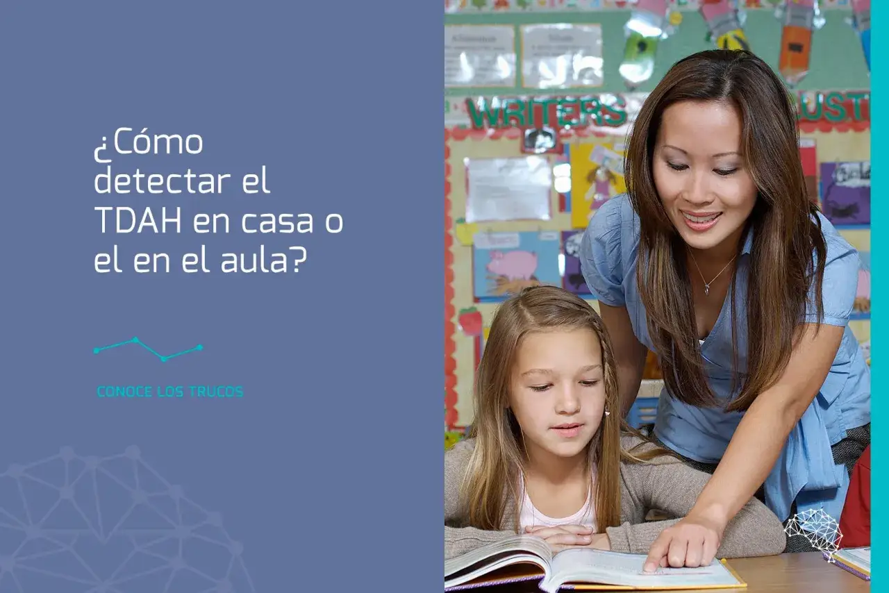 Maestra ayuda a niña a leer, con texto 