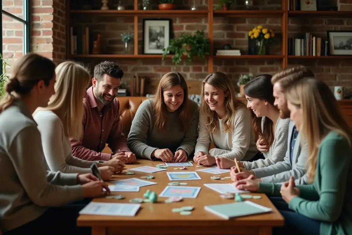 Un groupe d'amis rit autour d'une table, participant &agrave; des jeux mariage petit comit&eacute;. Des cartes et des jetons sont &eacute;tal&eacute;s, sugg&eacute;rant une ambiance conviviale et ludique.