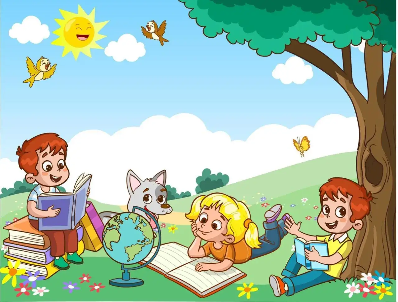 Niños leyendo bajo un árbol, aprendiendo frases para leer niños 5 años. Un perro y mariposas los acompañan.