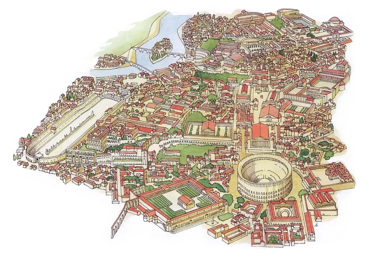 Mapa starożytnego Rzymu z zaznaczonymi miejscami akcji Quo Vadis