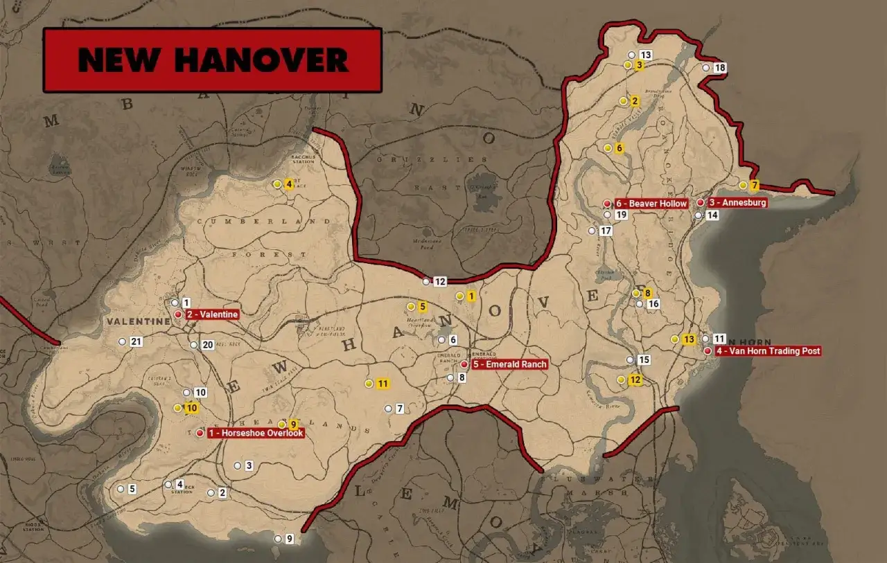 Mapa New Hanover z zaznaczonymi lokacjami, pomocna jako red dead redemption 2 poradnik. Znajdziesz tu Valentine, Emerald Ranch i inne punkty.