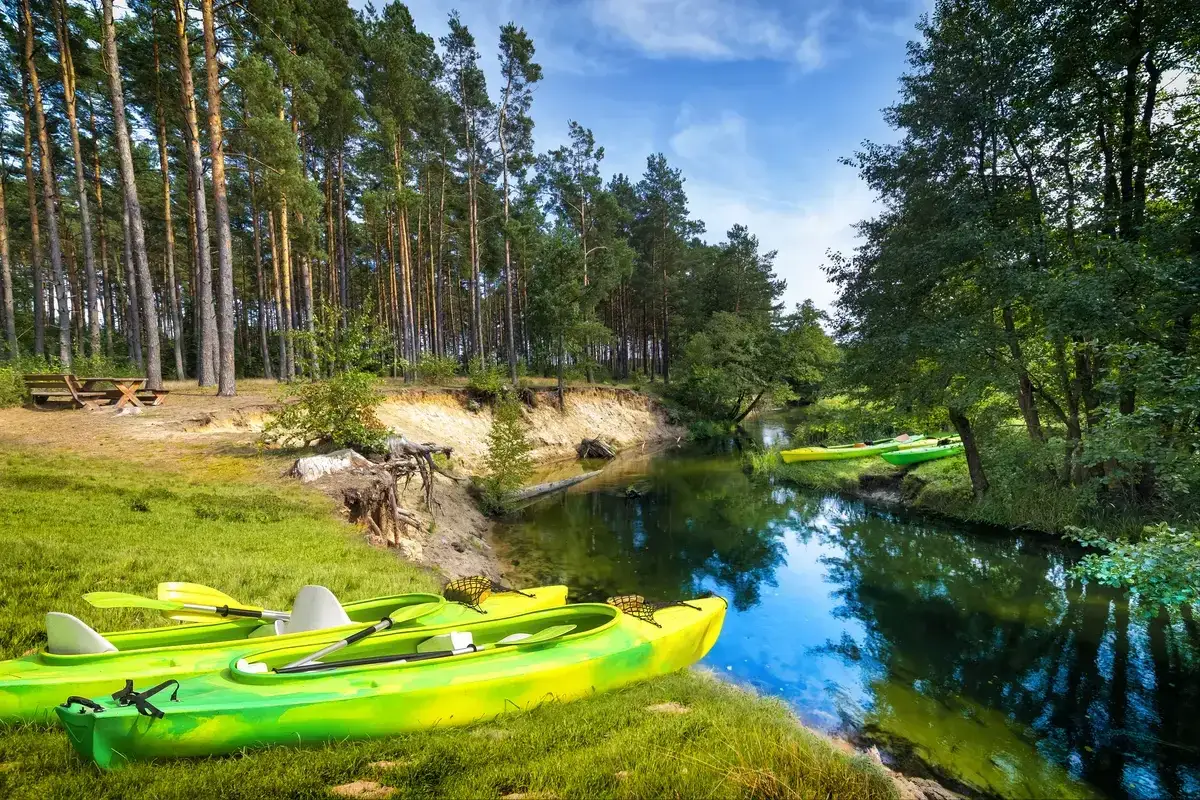 Zielone kajaki czekają nad rzeką, gotowe na spływ kajakowy na Śląsku. Las i błękitne niebo tworzą malowniczy krajobraz.