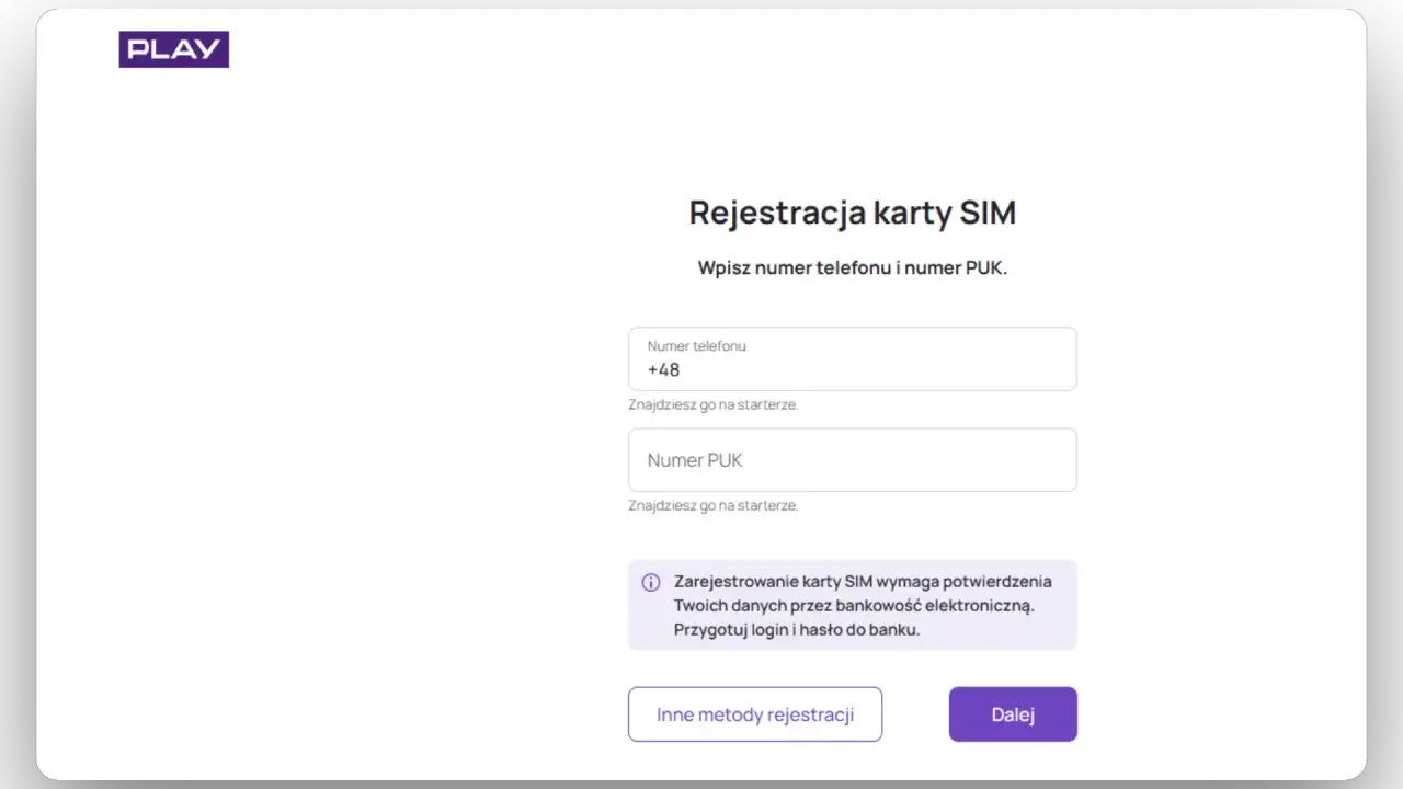 Formularz rejestracji karty SIM Play. Wpisz numer telefonu i PUK, aby dokończyć proces.